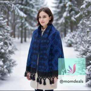 Traditional Mexican Rebozo Shawl in Black & Blue Semi-Thick Wrap Poncho Cape NEW